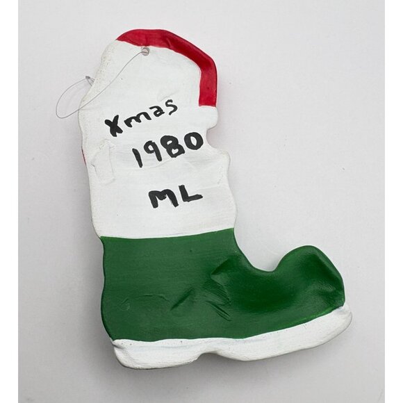 Vintage Santa Claus Boot Christmas Tree Ornament Green Holly Accent Hand Painted - Picture 2 of 6